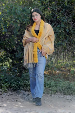 Alluring Yellow Colour Woollen Cashmere Faux Fur Cape Stole.