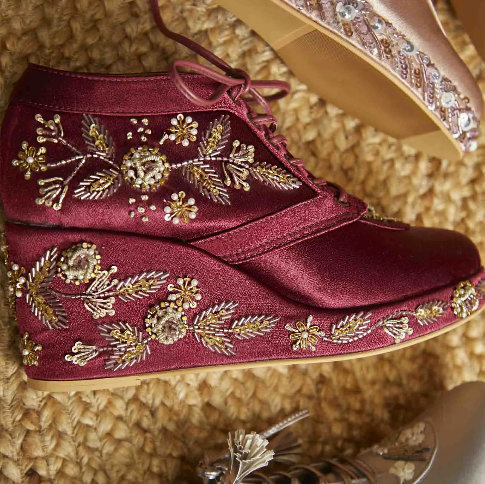 Maroon Satin Embroidered Bridal Sneaker Wedges - Customized Wedding Shoes | Tiesta